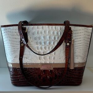 Brahmin White and Brown Croc-Embossed Tote